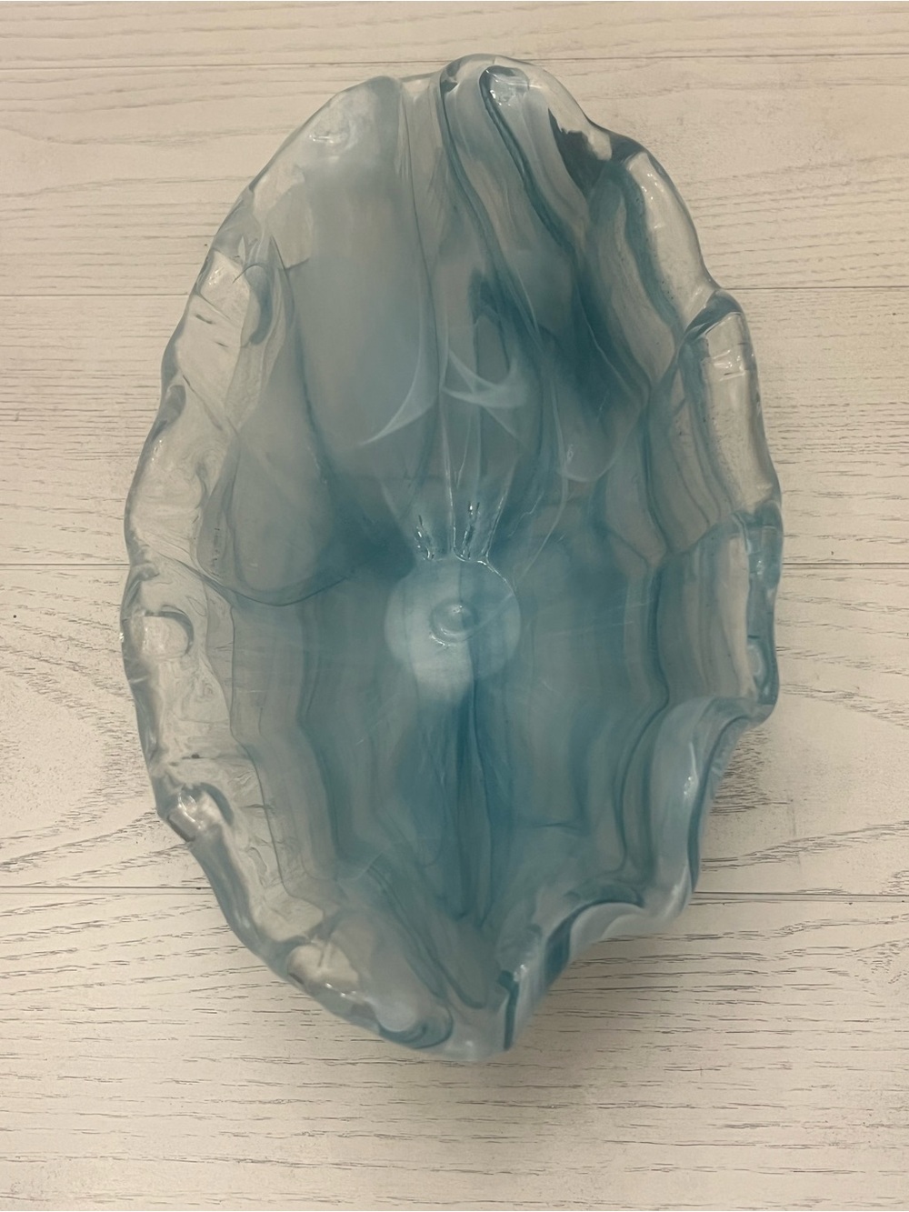 Large Aqua Blue Art Glass Freeform Centerpiece Bowl Coastal Decor 10”+